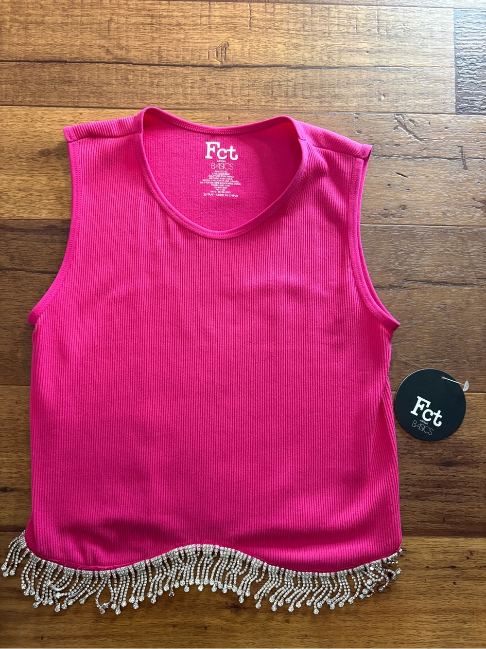 NWT Fct Basics Hot Pink Ribbed Crop Tank Top Rhinestone Fringe Hem S/M